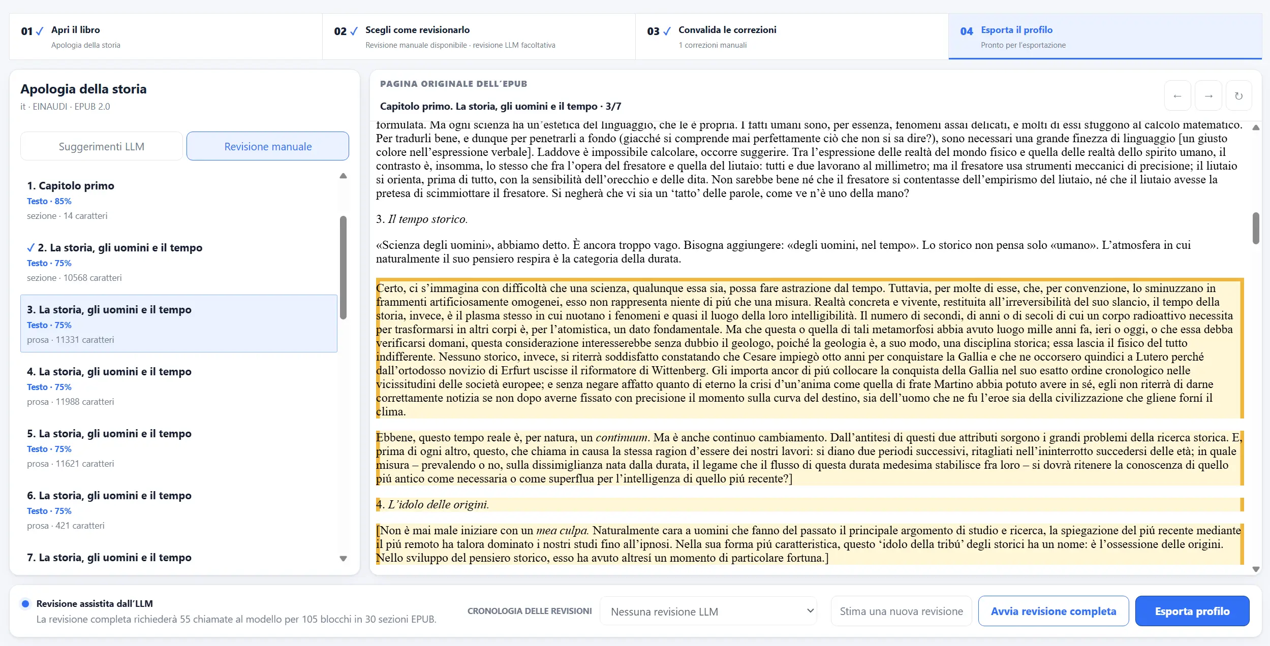 Pannello di revisione e indice dei blocchi
